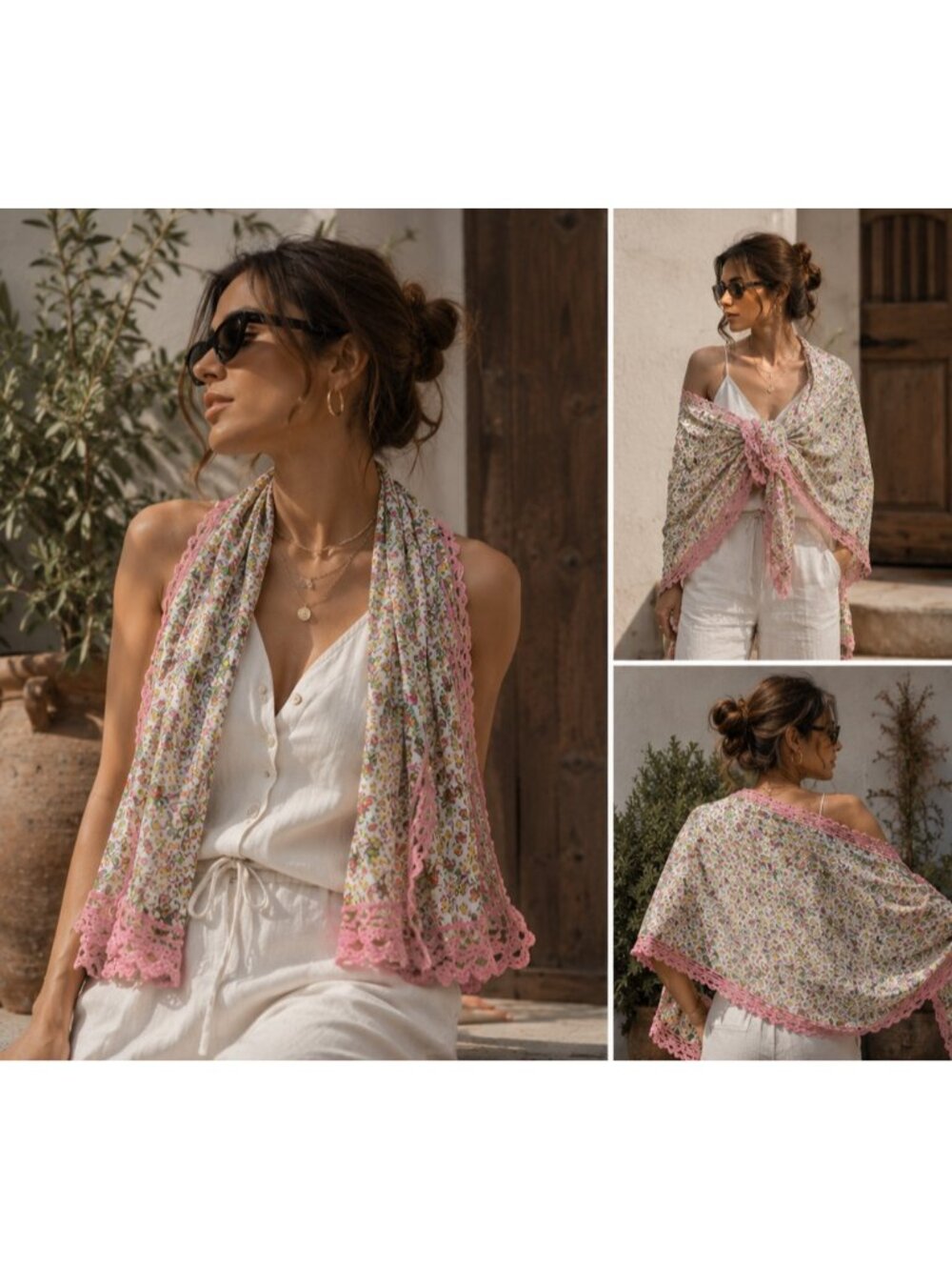 Erfurt Denmark 100% Silk Floral Scarf Shawl Pink Crochet Trim NWT